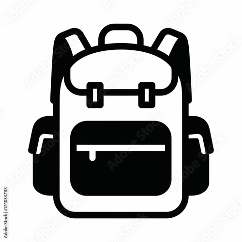 Illustration of a backpack with straps and pockets, black and white.