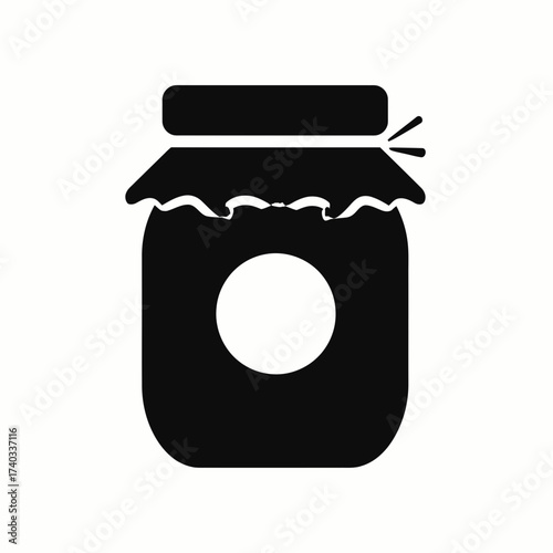 A simple black and white illustration of a jar with a lid and a label.