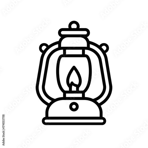 A detailed black and white outline illustration of a traditional kerosene lantern with a lit flame.