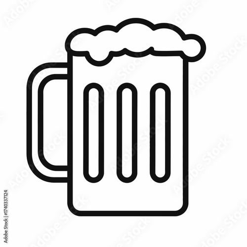 Black and white line art illustration of a frothy beer mug, perfect for beverage-related designs and icons.