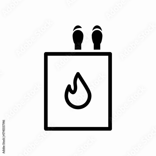 A simple black and white line drawing of a box of matches with two matches sticking out.