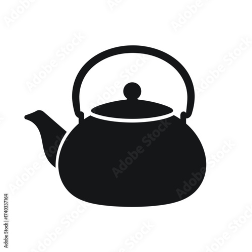 A simple, black and white illustration of a traditional tea kettle with a handle and spout.