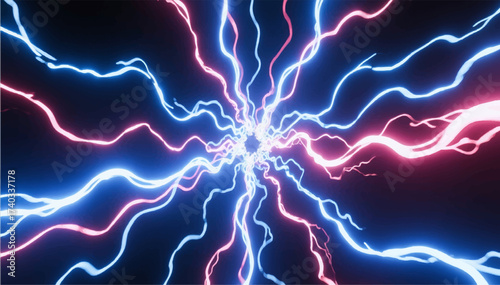 A color abstract illustration of multicolored oscillating plasma discharges attracted to the center forming an energetic sphere. Vector graphics. EPS.