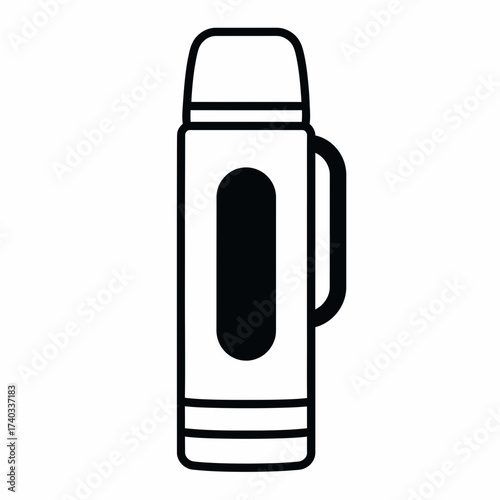 A black and white line art icon of a thermos flask with a cup lid and handle.