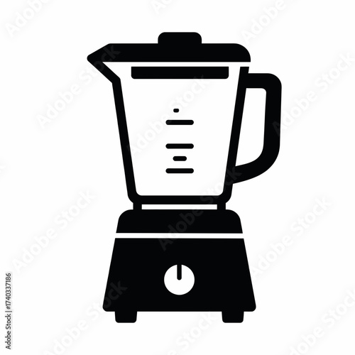 Black and white illustration of a blender with a container, handle, and base, ready for use.