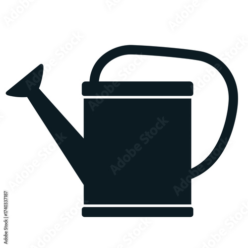 Illustration of a dark blue watering can with a curved handle and spout.