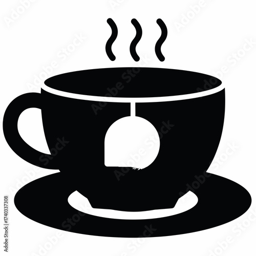 A black silhouette icon of a steaming hot cup of tea with a teabag on a saucer, isolated on a white background.