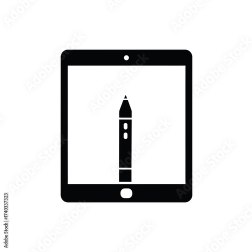 Black silhouette icon of a tablet device with a stylus pen on its screen.