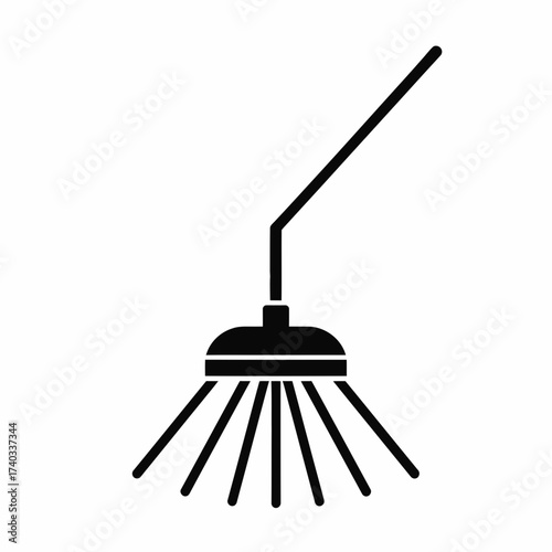 A black and white illustration of a shower head with water spraying out in thin streams.