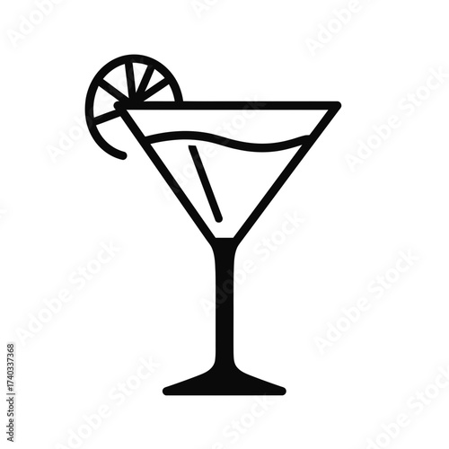 A minimalist black and white line art illustration of a martini glass with a lime wedge garnish.