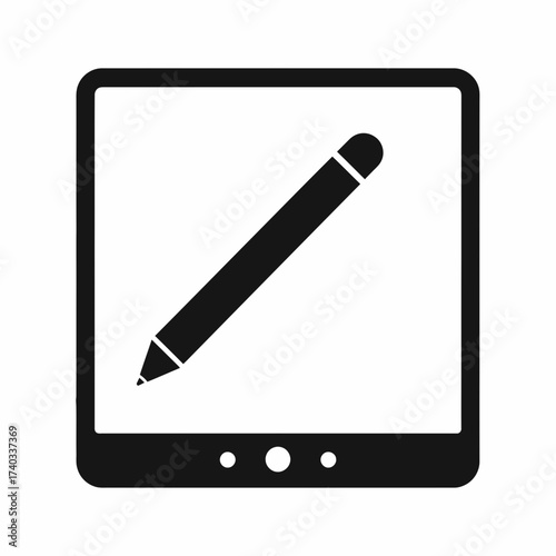 A black and white icon representing a tablet device with a stylus drawing on its screen.