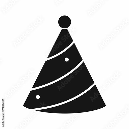 Black silhouette of a conical party hat with decorative stripes and dots, often worn for celebrations.