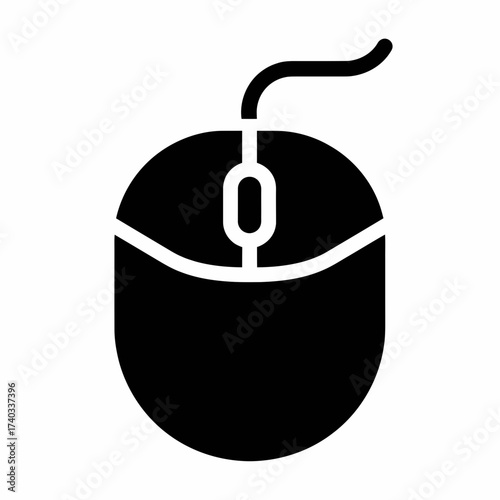 A simple, stylized black icon of a computer mouse with a curved cord extending upwards.