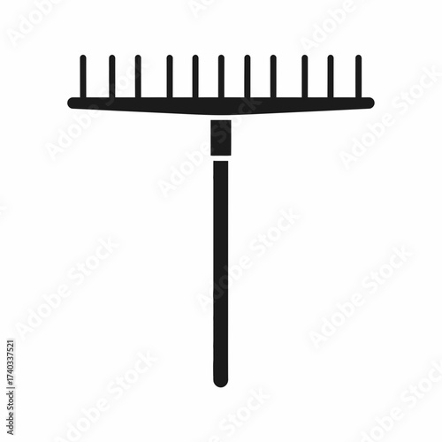 Simple black silhouette of a garden rake, a common tool for yard work and landscaping.