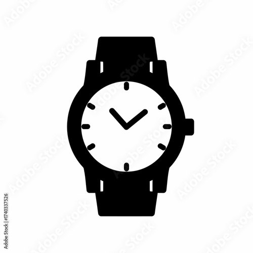 A simple black and white silhouette icon of a classic analog wristwatch with a round face and strap, isolated on a white background.
