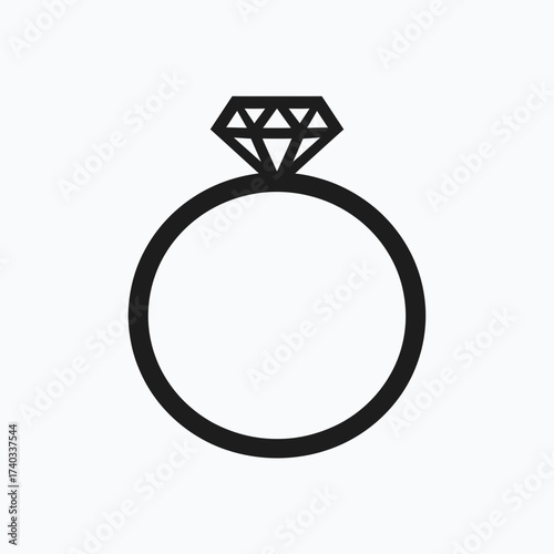 Simple black outline icon of a diamond engagement ring on a plain white background, symbolizing love and commitment.