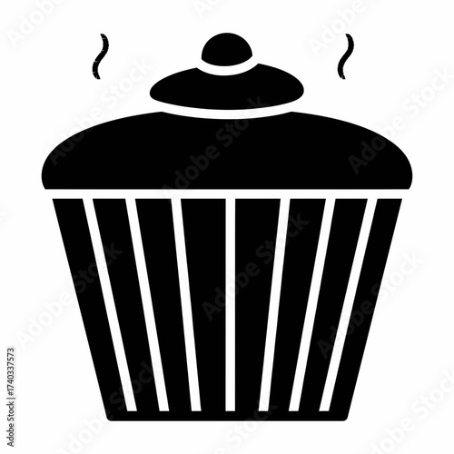 A simple black silhouette icon of a freshly baked cupcake or muffin with a topping, emitting steam.