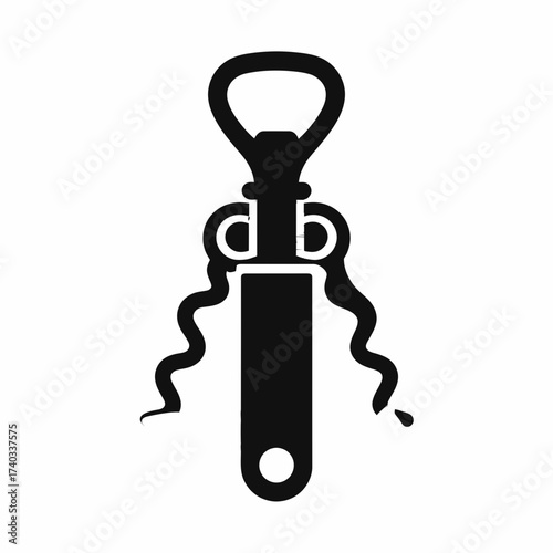 A black silhouette of a corkscrew with a bottle opener attachment and two wavy corkscrew elements extending downwards.