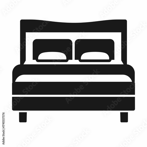 Black silhouette icon of a double bed with a headboard and two pillows.