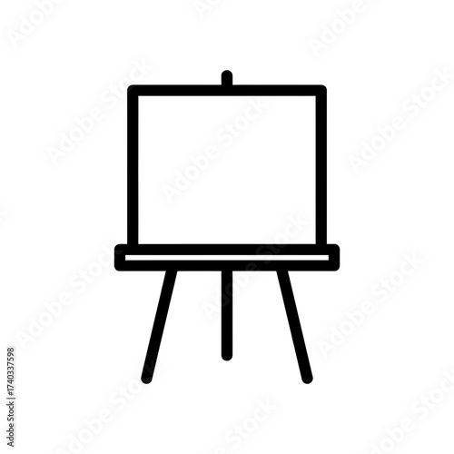 Simple black line art icon of an artist's easel holding a blank white canvas on a tripod stand.