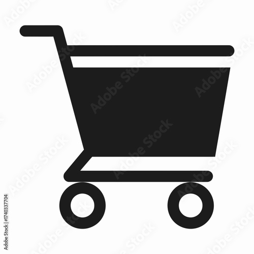Black shopping cart icon, representing commerce, purchases, and retail transactions, isolated on white.