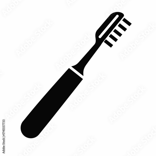 A simple black silhouette icon of a toothbrush with bristles, isolated on a clean white background.