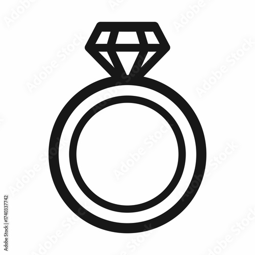 Simple black and white line art icon of a diamond engagement ring with a large faceted gemstone.