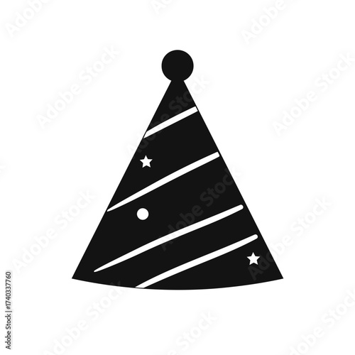 A black and white silhouette icon of a conical party hat with a pom-pom, decorated with diagonal stripes and stars, isolated on a white background.