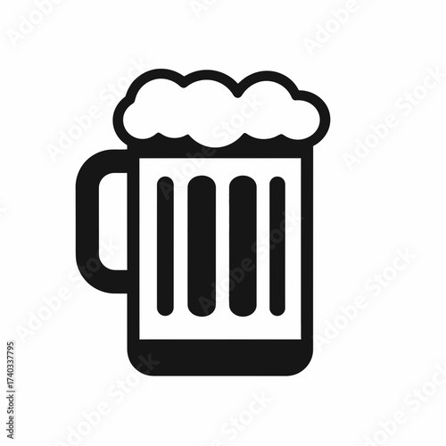 A simple black and white icon of a classic beer mug filled with a frothy beverage on a white background.