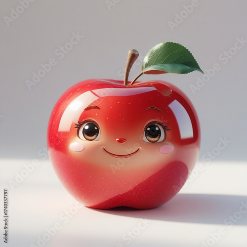 A cute ultrarealistic red apple character smiles sweetly, with a shiny surface and light shadows.