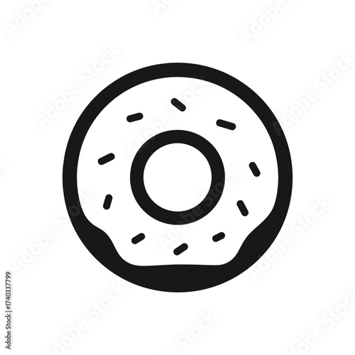 A simple black and white illustration of a frosted donut with sprinkles.