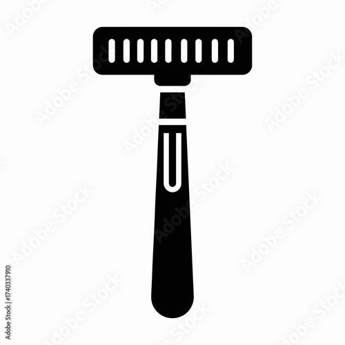 Black and white illustration of a razor with a handle and multiple blades for shaving.