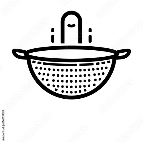 Illustration of a colander with water droplets, simple black and white design.