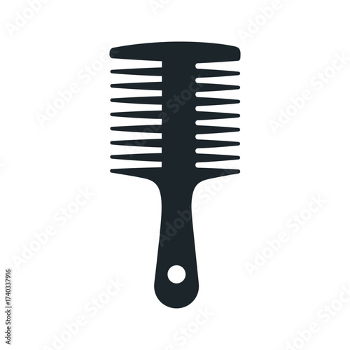 A black wide-tooth comb with a handle and a hole for hanging, isolated on a white background.