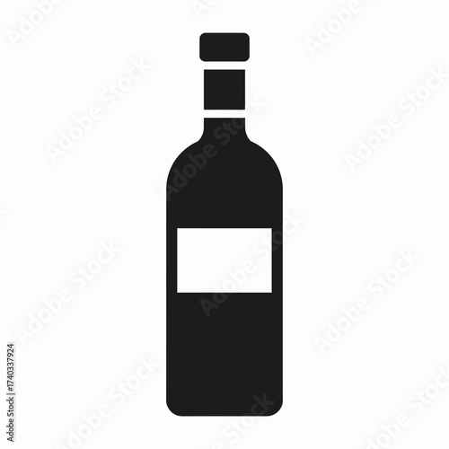 A simple black silhouette icon of a wine bottle with a blank white label, isolated on a plain background.