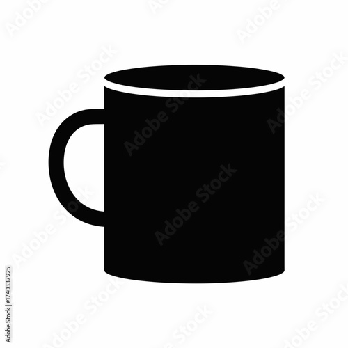 A simple, solid black silhouette of a mug with a handle, isolated on a white background.
