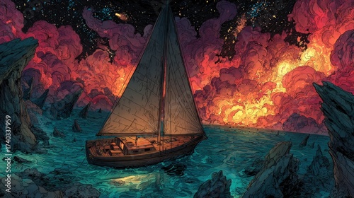 A solitary sailboat navigating through a stormy sea beneath a dark, dramatic sky. The image evokes a sense of adventure and the challenges of the sea. comic book style