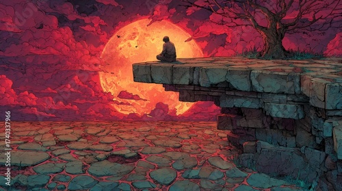 A solitary figure seated on the edge of a cliff, gazing at a captivating sunset. The scene evokes a sense of peace and solitude. comic book style