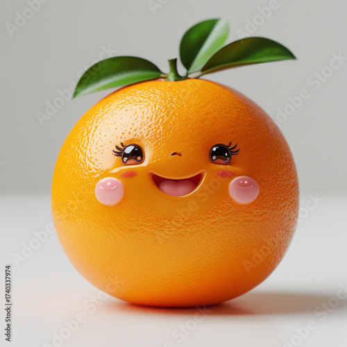 A cheerful orange with a kawaii face radiates joy with big eyes and pink cheeks on table.