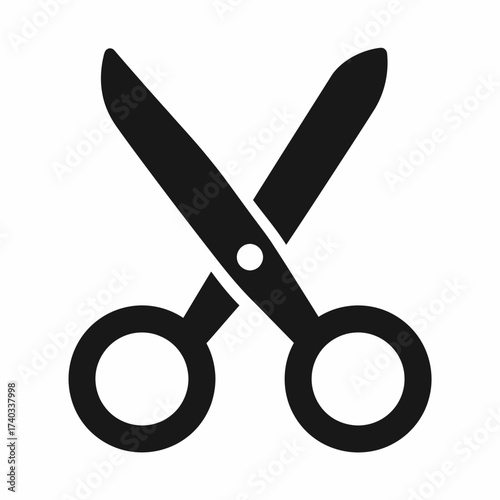 Black and white image of scissors, a cutting tool, with two blades and finger holes.