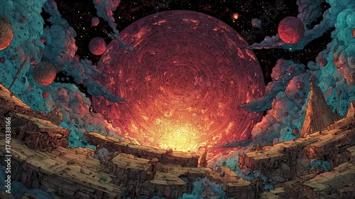 A stunning artistic depiction of a colossal planet. A breathtaking celestial scene, with intricate details and vibrant colors. It evokes a sense of wonder and cosmic grandeur. comic book style