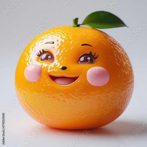 Ultrarealistic kawaii orange character with big eyes and pink cheeks against a neutral background.