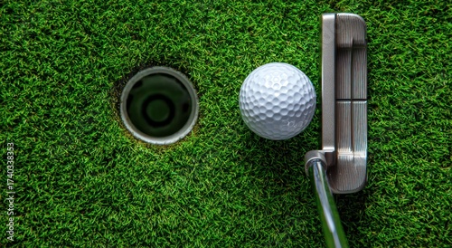 Overhead view of a golf green, golf ball, putter, and hole, all on vibrant green grass