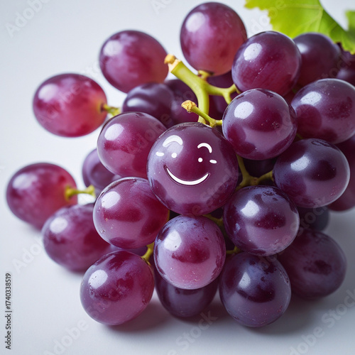 A bunch of fresh, vibrant red grapes, with one grape smiling, conveying joy and freshness.