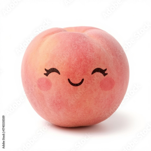 A beautifully soft and charming peach with a cheerful expression, isolated on a white background.