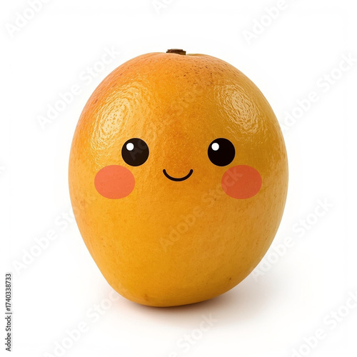 Close-up studio shot of a kawaii-style orange on a white background with bright, soft lighting.