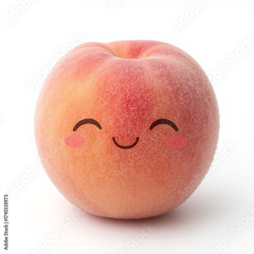Close-up shows a peach with a happy cartoon face against a clean white background display.