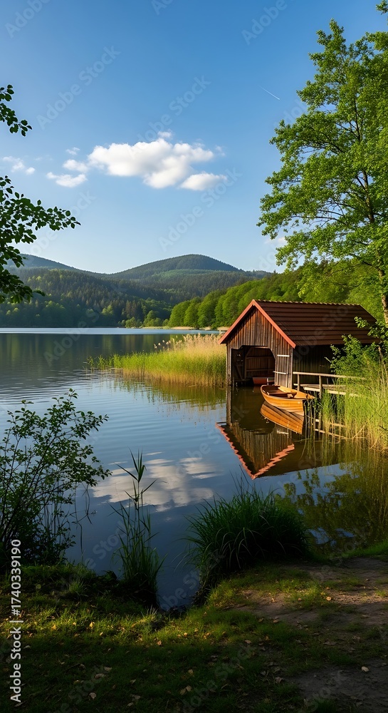 Fototapeta premium Serene Lakeside Cabin.