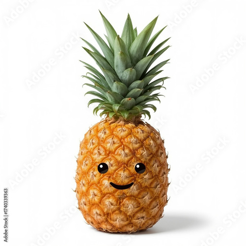 A happy pineapple with a simplistic smiley face stands brightly on a clean, white backdrop.