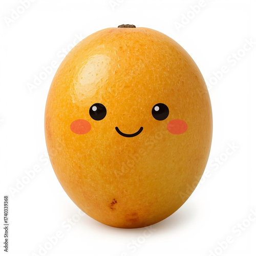 A single ripe mango displays a cheerful face with cute cartoon eyes and rosy cheeks, isolated.